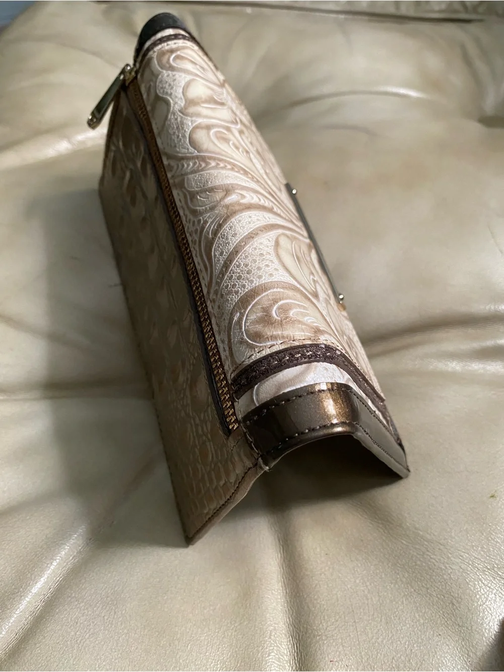 HTF Brahmin Bourdele Wallet in Cream/Gold/Taupe Scroll Embossed Leather